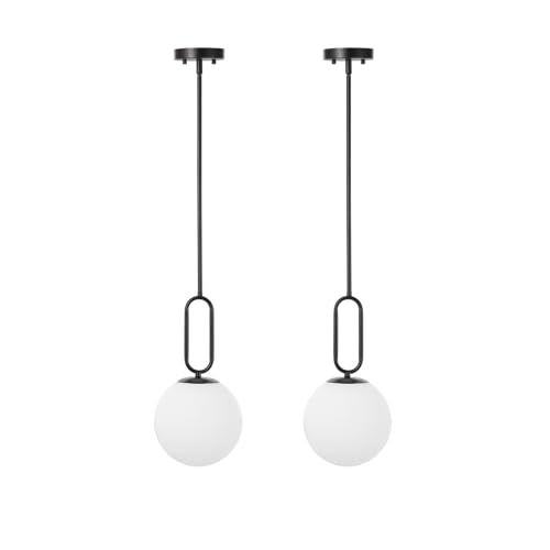 Modern Black Globe Pendant Light Milky White Globe Glass Shade 2 Pack Adjustable Rods Hanging Ceiling Light Fixtures for Kitchen Island Living Room - color: Black 2 Pack-Adjustable Rods