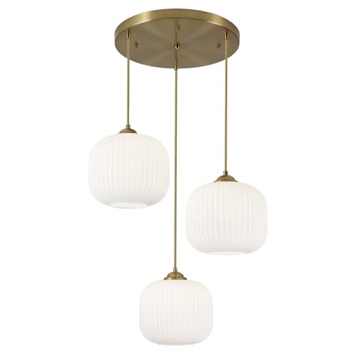BOKT White Pendant Lights Kitchen Island 3 Light Globe Cluster Pendant Light Large Ribbed Glass Cluster Chandelier Gold Vintage Adjustable Hanging Light Fixture for Sink Dining Room - color: Milk White 3-Light