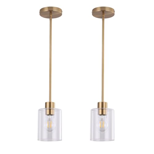 Brass Pendant Lights Kitchen Island,Modern Farmhouse Clear Glass Pendant Light,Gold Light Fixture Kitchen Pendant Mini Hanging Light Fixture for Sink (Brass 2 Pack stem Rod) - color: brass 2 pack stem rod