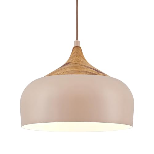 ELYONA 12 Inch Modern Japandi Pendant Light for Kitchen Island Farmhouse Hanging Lamp with Faux Pine Wood Grain Metal Shade, Adjustable Wabi Sabi Ceiling Fixture for Dining Room Bedroom,Light Brown - color: Light Brown