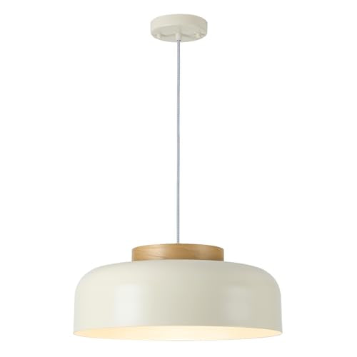 Modern Large Pendant Light, 17.7 inch,Cream Lampshade,Natural Wood,Simple Chandelier for Dining Room,Kitchen Table