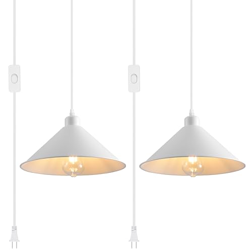 11.8IN Plug in Pendant Light 2 Pack Industrial Hanging Lamp White Vintage Pendant Lighting Fixtures with 15ft Cord On/Off Switch for Kitchen Island Dinning - color: White Plug in Pendant Light 11.8IN
