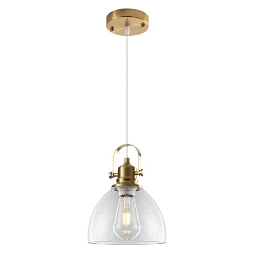 Gold Glass Pendant Lights Kitchen Island, 7.5" Blown Glass Pendant Light, Gold Modern Pendant Lights 1-Pack, Kitchen Hanging Lights for Kitchen Island, Dining Room, Bathroom, Cafe - color: Seeded Glass-Gold+Cord, size: 1-Pack