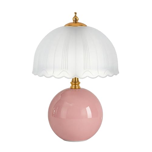 PARTPHONER Mushroom Table Lamp, Ceramic Bedside Lamp with Glass Shade, 3-Way Lighting (2700K-5000K) Rocker Switch, Small Nightstand Lamp for Bedroom, Living Room, Office, Pink - color: Pink