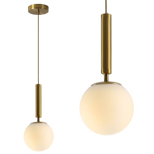 BOKT Mid Century Modern Gold Globe Pendant Light Milk White Opal Glass Pendant Light 1 Light Farmhouse Brushed Brass Mini Hanging Pendant Lights Kitchen Island for Bathroom Bedroom Hallway (Gold) - color: Gold