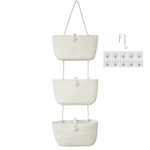 TeoKJ 3-Tier Hanging Baskets for Storage with Pearl Button Strap, Over The Door Storage Baskets for Bathroom, Bedroom, Closet, Door Storage Organizer for Decoration, White - color: White, style: 3 tier+Pearl Button