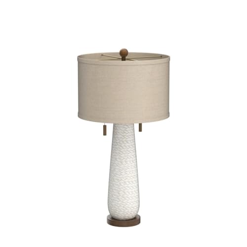 Possini Euro Design Kingston Mid Century Modern Table Lamp 32 3/4" Tall White Grooved Patterned Ceramic Taupe Drum Shade for Bedroom Living Room House Bedside Nightstand Home Office Entryway Family