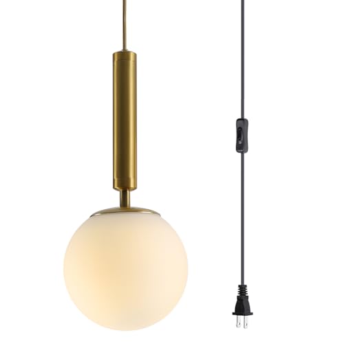BOKT Mid Century Modern Large Gold Globe Hanging Pendant Light Plug in Brushed Brass White Glass Hanging Lamp Plug in Cord Minimalist Sphere Round Pendant Lighting (Gold-Plug in) - color: 1-Gold-Plug In