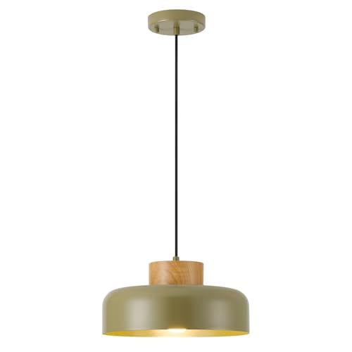 Mid-Century Modern Pendant Light,12.6" Natural Wood & Olive Green Metal Shade,Adjustable Kitchen Island Dining Room Lighting Fixture - color: Olive Green, size: 12.6 inches