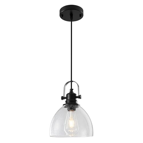 7.5" Seeded Glass Pendant Light 1 Pack, Vintage Hanging Kitchen Lights, Black Glass Pendant Lighting for Kitchen Island, Dining Room, Bar, Cafe - color: Seeded Glass-Black+Cord, size: 1-Pack
