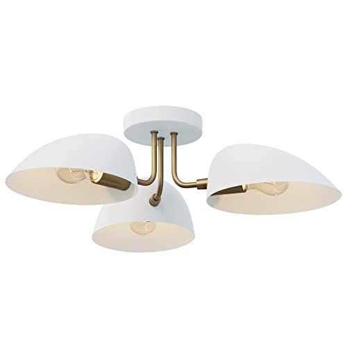 Nathan James Argo Semi Mount Flush Ceiling Light, 3-Lights Modern Retro Lighting with White Rounded Shades for Hallway, Dining Room and Bedroom, Brass Gold/White - color: Brass Gold/White, size: 1