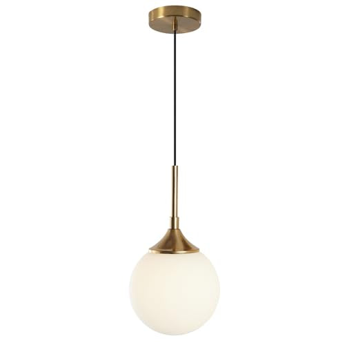 KCO Lighting Mid Century Modern Milk Glass Pendant Light Large White Globe Hanging Light Gold Ceiling Light Fixture 1 Light Pendant Lighting Brushed Brass Hanging Light Fixture - color: White