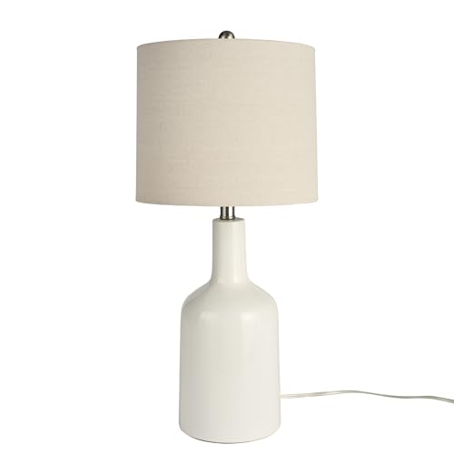Nourison Home 22" White Glossy Ceramic Table Lamp with Oatmeal Linen Shade for Modern Farmhouse, Bedside Lamp, Living Room Lamp, Small Accent Lamp for Dining Room - color: White