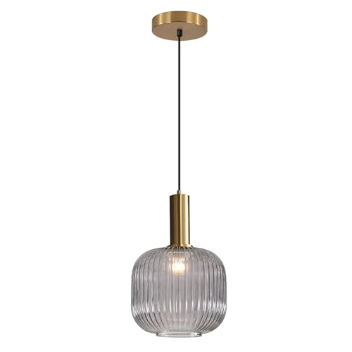 BOKT Modern 1-Light Gold Globe Pendant Light Mid Century Smoke Gray Ceiling Pendant Lighting Glass Ball Round Pendant Lamp Single Brushed Brass Pendant Light Fixture Kitchen Island (Smoke Gray) - color: Smoke Gray