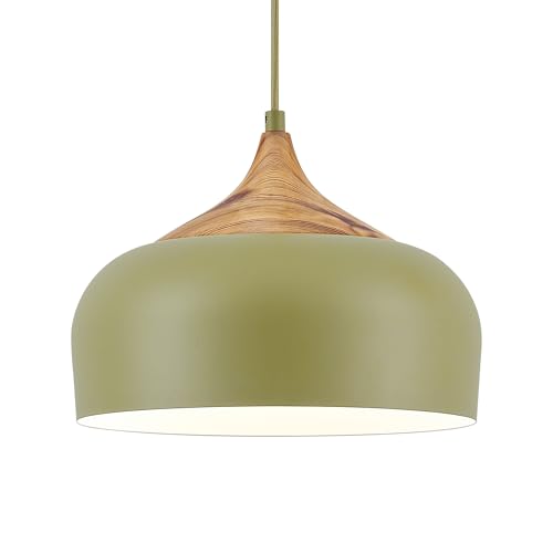 ELYONA Vintage Pendant Light Fixtures with Faux Pine Wood Grain, 12 Inch Adjustable Hanging Light Moss Green Metal Shade, Mid Century Modern Japandi Pendant Lamp for Kitchen Island Dining Room Bedroom - color: Moss Green