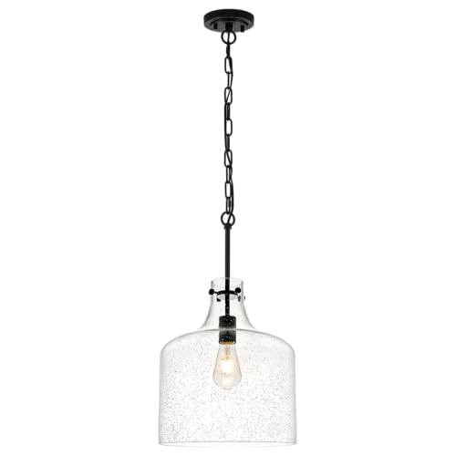 12" Black Seeded Glass Pendant Light, Modern Hand-Blown Bubble Glass Hanging Ceiling Light Fixture for Kitchen Island, Dining Room, Hallway, Farmhouse Entryway, E26 Dimmable Pendant Lighting - color: Chain Black-Seeded Glass