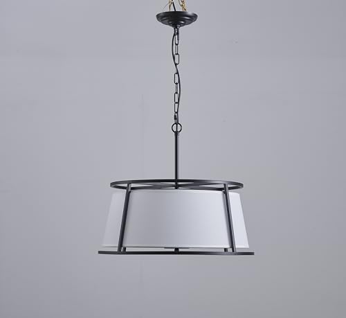 Shrine Lighting Drum Chandeliers, Modern Style, Perfect Pendant Light Fixture for Dining Room, Living Room, D20'' x H9'', Adjustable Chains 59'', E12*4 Sockets, White Lampshade & Black Finish Frame - color: Black D19.7''