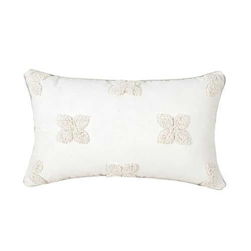 Beautiful Embroidery Four-Leaf Flower Throw Pillowcase Soft Woven Cotton Canvas Accent Pillow 12x20 Inch Tufted Clover Decorative Pillowcase with Cross Stitch for Preppy Stuff Room 1PCS (Cream Beige)
