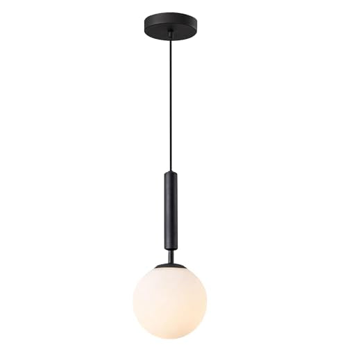 BOKT Mid Century Black Globe Pendant Lights Kitchen Island Industrial Vintage Single Milky White Opal Glass Pendant Light Modern Adjustable Ball Hanging Light Fixtures for Living Room (Black) - color: Black