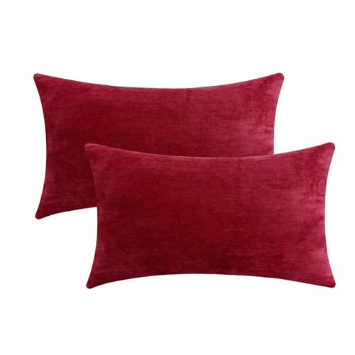 Jeneoo Bright Red Chenille Lumbar Throw Pillow Covers Set of 2, Soft & Comfy Decorative Cushion Cases for Couch/Sofa/Bed, 12x20 Inches - color: Bright Red, size: 20" x 12" (Pack of 2)