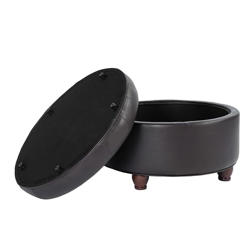 HomePop 25" Button Tufted Round Storage Ottoman - Distressed Brown Faux Leather - color: Brown