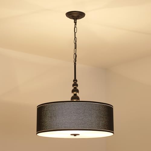 Shrine Lighting Drum Chandeliers, Farmhouse Style, Perfect Drum Pendant Light for Dining Room, D21'' x H8'', Adjustable Chains 59'', E26*3 Sockets, Black Linen Fabric Lampshade & Black Rod - color: Black D20''