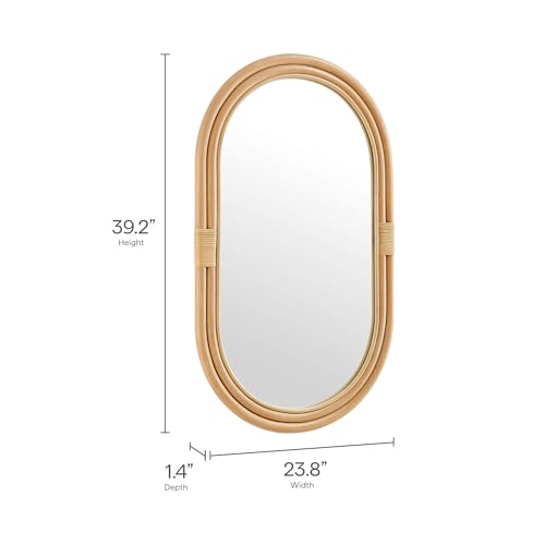 Modway Corsica Oval Rattan Wall Mirror in Natural with Natural Frame – Boho Coastal Hanging Accent Mirror for Bathroom, Bedroom, or Entryway