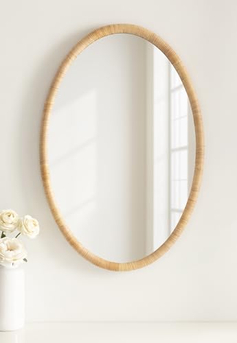 Kate and Laurel Rahfy Boho Oval Rattan Wall Mirror, 24 x 36, Natural Wood, Decorative Rounded Mirror with Authentic Rattan Frame for Use as Bathroom Vanity Mirror or Bohemian Bedroom Mirror