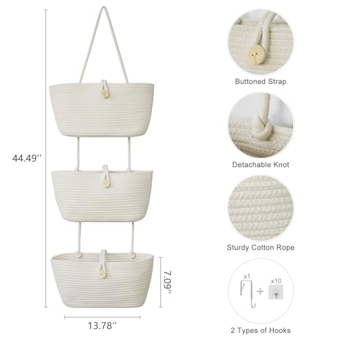 TeoKJ Over the Door Hanging Baskets with Wooden Button, 3-Tier Wall-Mounted Decorative Nursery Kitchen Baskets, White - color: White, style: 3 tier+Wooden Button