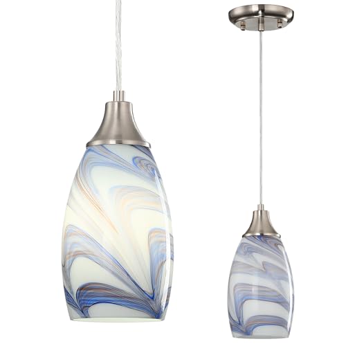 karyfine Mini Art Glass Pendant Lights Kitchen Island Blown Glass Pendant Lighting with Brushed Nickel Finish Adjustable Cord Ceiling Hanging Lamp for Hallway,Dining Room White and Dark Blue-1P - color: White and Dark Blue-1Pack