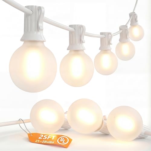 SUNSGNE 25Ft G40 LED Outdoor White String Lights with 27 White Frosted Shatterproof Globe Bulbs (2 Spare), Outdoor Hanging Lights for Room Café Bistro Pergola Tents, White Wire - color: Frosted White-White, size: 25FT