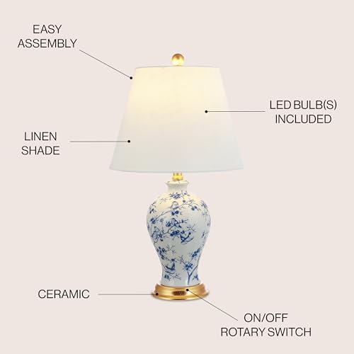 JONATHAN Y 24" Blue/White French Country Ceramic Floral Urn Table Lamp, White Linen Shade, Chinoiserie Ginger Jar Bedside Lamp for Living Room Bedroom, LED Bulb (JYL3009B) - color: Blue/White