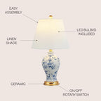 JONATHAN Y 24" Blue/White French Country Ceramic Floral Urn Table Lamp, White Linen Shade, Chinoiserie Ginger Jar Bedside Lamp for Living Room Bedroom, LED Bulb (JYL3009B) - color: Blue/White