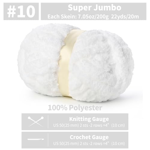 10 Pack Jumbo Chenille Yarn for Crocheting, #10 Super Bulky Baby Soft Yarn for Hand Knitting, 220 yds /70.5 oz Fluffy Chunky Knit Throw Blanket Yarn (Snow White) - color: Snow White