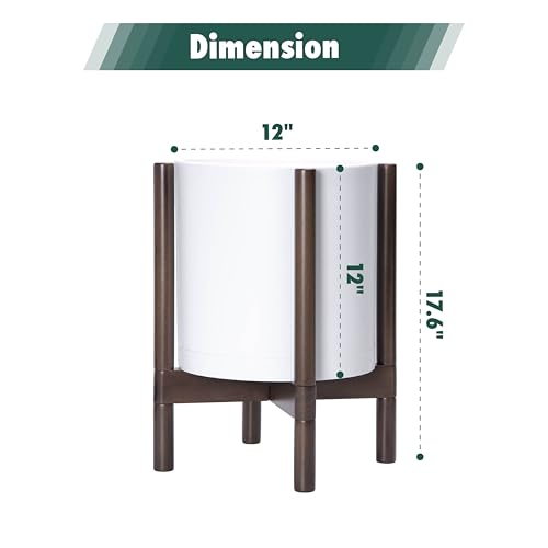 D'vine Dev Planter with Stand - 12 Inch Plastic Cylinder Flower Pot with Wood Holder for Indoor, Matte White Pot + Walnut Color Stand, 55-C-O-1 - color: Matte White Pot + Walnut Color Stand, size: 12 Inch