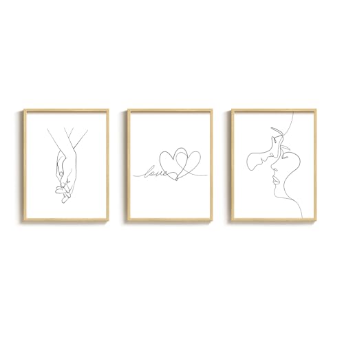 Framed Minimalist Line Love Bedroom Wall Art, 3 Piece Couple & Heart Prints Artwork for Walls, Modern Romantic Simple Black and White Painting Picture for Couple Bedroom Hallway Wall Decor, 12x16 Inch - color: White
