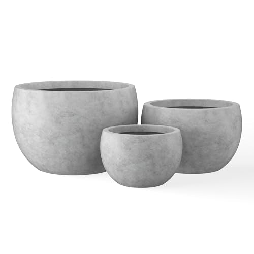 Kante 19.9",15.7",11.8" Dia Round Concrete Planter Set of 3, Outdoor/Indoor Large Bowl Plant Pots with Drainage Hole and Rubber Plug for Garden Patio Balcony Home, Natural Concrete - color: Natural Concrete, size: 19.9"D + 15.7"D + 11.8"D