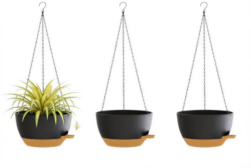 Hanging Planters, 3-Pack 10 Inch Self-Watering Pots with Drainage Holes and Chains, Matte Plastic Planters for Indoor/Outdoor Plant（Black Brown） - color: Black Brown, size: 10 inches