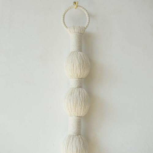 IOWER Macrame Wall Hanging Small Sphericity Cotton Textile Tassel Wall Hanging Fiber Yarn Art for Living Room Bedroom 27'' L x 2.3'' W - color: Ivory