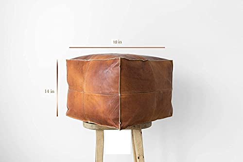 ARTOUARZAZATE Square Leather Pouf - Moroccan Pouf - Genuine Goatskin Leather - Bohemian Living Room Decor - Hassock & Ottoman Footstool - Unstuffed (Brown, 18" D x 18" W x 14" H) - color: Brown