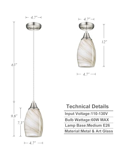 karyfine Mini Pendant Lights Kitchen Island Beige Marble Glass Lamp Shade Hand Blown Glass Pendant Light with Brush Nickel Finish Adjustable Cord for Kitchen Over Sink Hallway,Dining Room - color: Brown Marble-1Pack