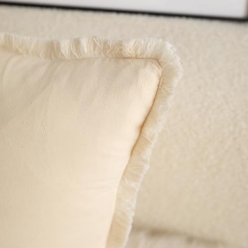 MANDIOO Set of 2 Neutral Cotton Fringe Throw Pillow Covers Decorative Boho Farmhouse Cushion Covers Cozy Tassels Pillowcase for Couch Sofa Bedroom Living Room Home Decor 16x16 Inch Beige - color: Beige, size: 16" x 16" (Pack of 2)