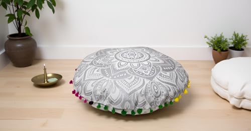 Round Mandala Floor Pillow Cover Seating Cushion Throw Cover Hippie Decorative Bohemian Ottoman Pouf Cover, Pom Pom Pillow Cases,Boho Indian 32 Inches Matellic Silver - color: Metallic Silver, size: 32" Round