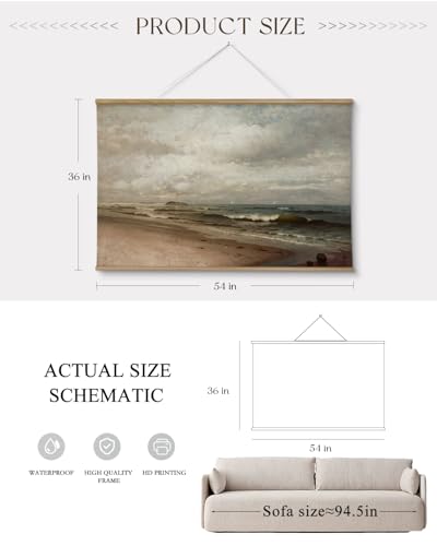 ARPEOTCY Extra Large Vintage Framed Wall Art, 36x54 Inch Coastal Ocean Beach Seascape Hanging Canvas Prints Scroll Wall Art Decor for Living Room Bedroom, Retro Scenery Pictures Above of Bed - color: Coastal Ocean