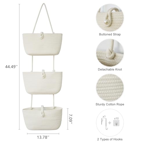 TeoKJ 3-Tier Hanging Baskets for Storage with Pearl Button Strap, Over The Door Storage Baskets for Bathroom, Bedroom, Closet, Door Storage Organizer for Decoration, White - color: White, style: 3 tier+Pearl Button