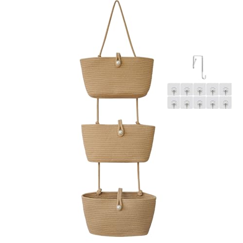 TeoKJ 3-Tier Hanging Baskets for Storage with Pearl Button Strap, Cotton Rope Over the Door Organizer, Wall-Mounted with Hook Decorative Hanging Nursery Baskets, Jute - color: Jute, style: 3 tier+Pearl Button