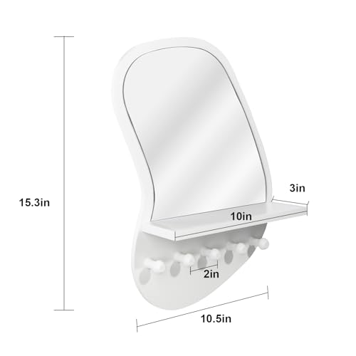 SANY DAYO HOME Wall Mount Wood Frame Irregular Mirror with 5 Wooden Hooks and Shelf, Modern Decorative Hanging Mirror for Entryway, Bedroom, Living Room (16″ x 12″, White) - color: White
