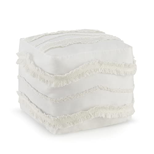 KB & Me Off White Ivory Canvas Boho Chic Tufted Pouf Cover Square Bohemian Fringe Minimalist Geometric Ottoman Storage Case Modern Foot Rest Floor Pillow Decorative Unstuffed Pouffe Cube