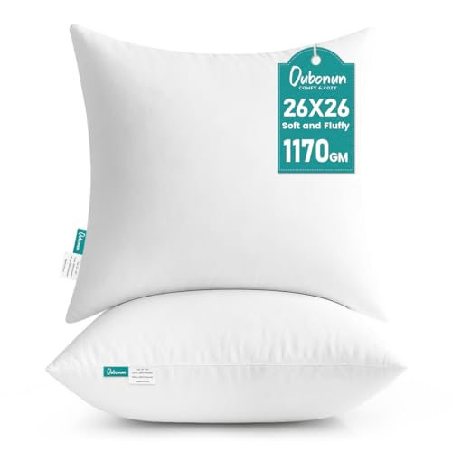 Oubonun 26 x 26 Throw Pillow Inserts - Soft, Plush & Decorative Down Alternative Pillows for Couch Sofa Bed, Machine Washable - White, Pack of 2 - size: 26x26 Inch (Pack of 2)