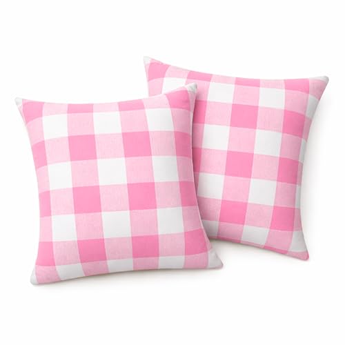 Native Fab Premium Throw Pillow Covers 2 Pack, 18x18 Inches, 100% Cotton, Charming Buffalo Check, Soft, Washable Cushion Cases, Farmhouse Decor for Valentines, Bridal Shower, Home, Rose Pink & White - color: Buffalo Rose Pink, size: 18" x 18" (Pack of 2)